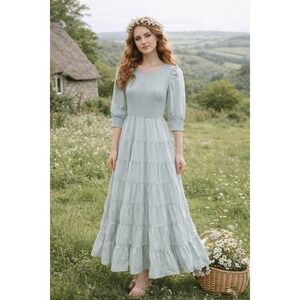 Udel NY Smocked Tiered Ruffle Maxi Dress Small Light Blue Cottage Prairie Modest